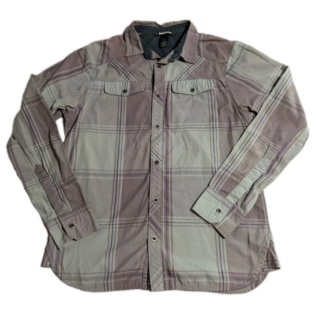 Black Diamond Plaid Shirt Mens L Gray Green Long Sleeve Outdoor Snap Pocket